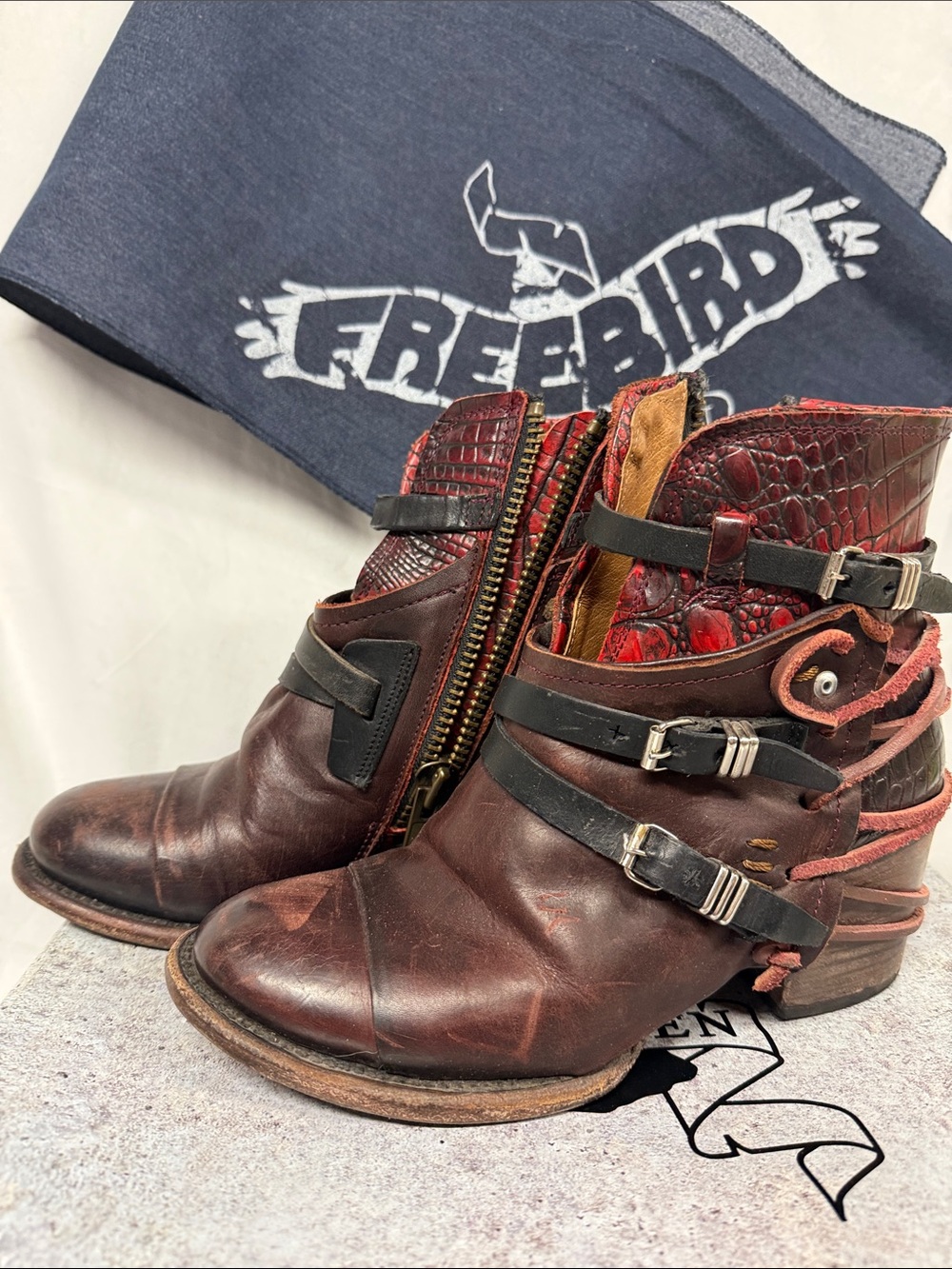 Freebird Crue by Steven Burgundy & Red Leather Buckle Ankle Boots